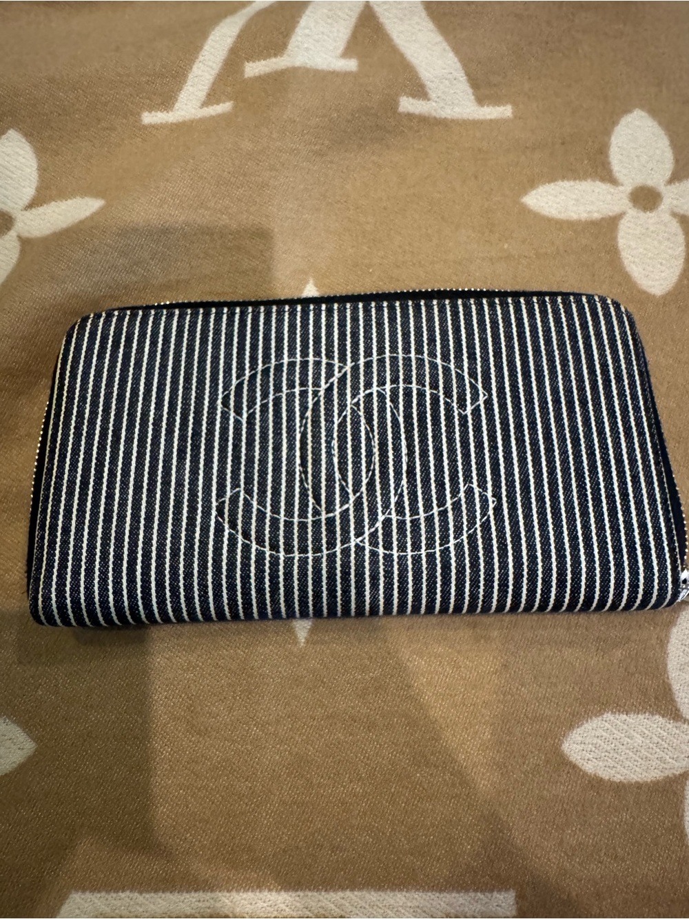 CHANEL Navy & White Striped CC Zip Wallet